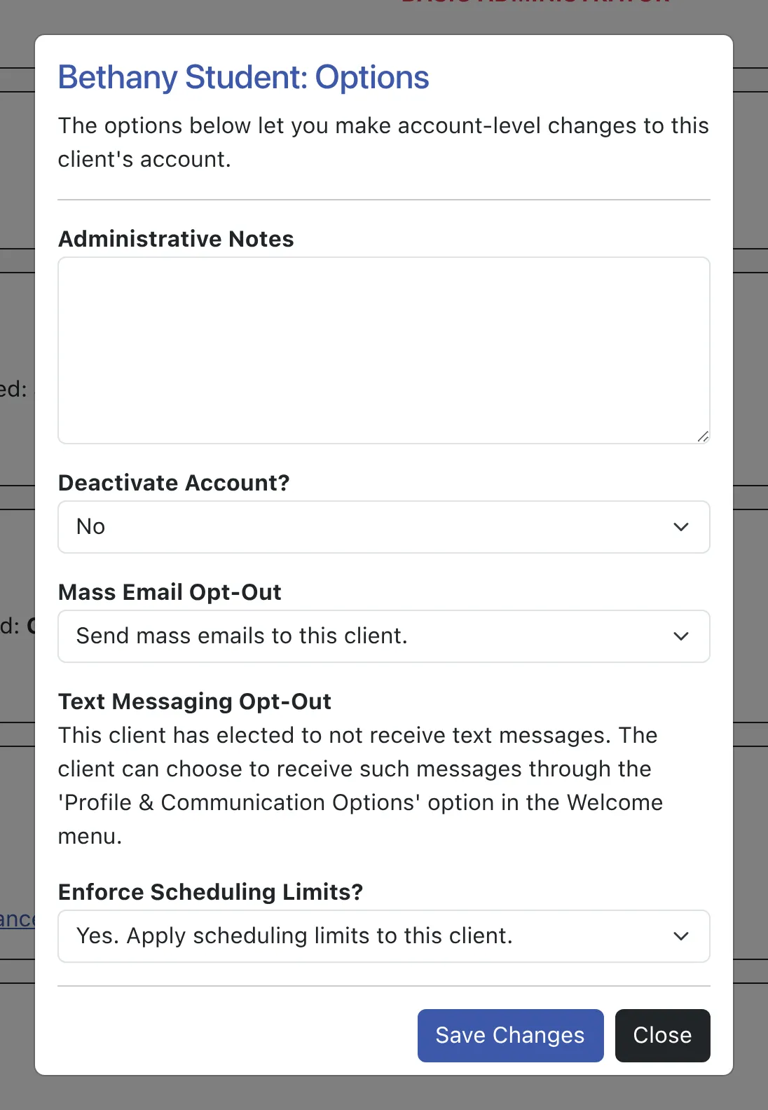 Account Options Display