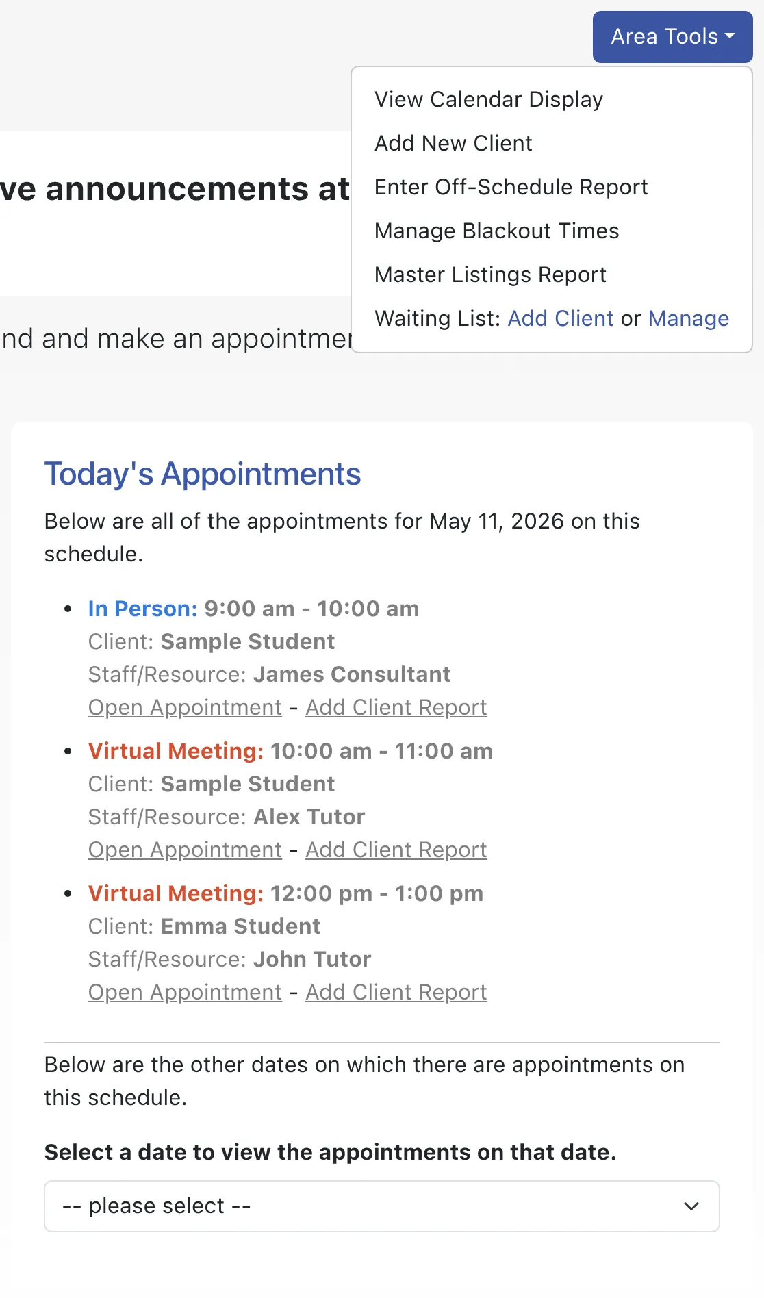 The administrators standard display drop-down.