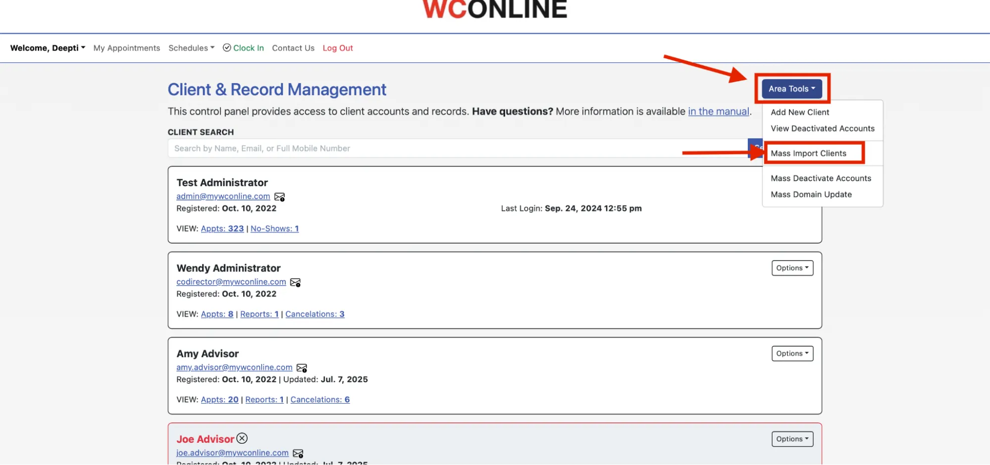 The Area Tools menu with Mass Import Clients selected