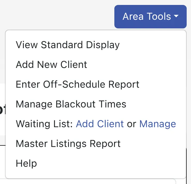 Area Tools menu at the top of the schedule display