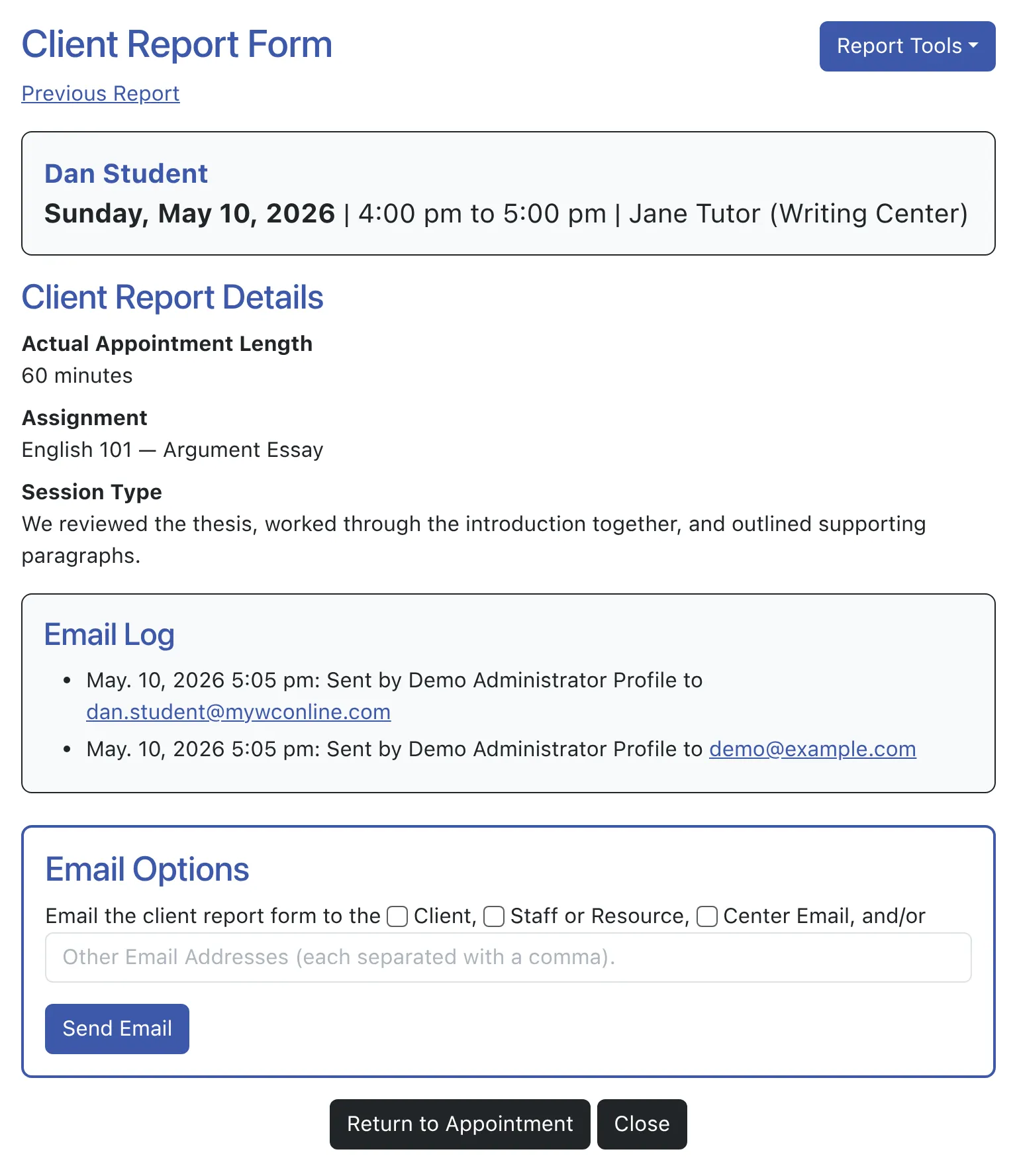 A sample completed client report form.