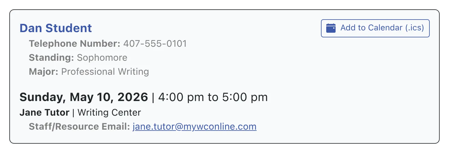 Sample display on the appointment form