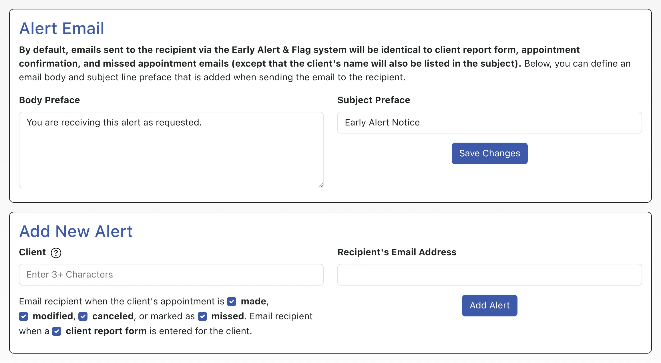 Early Alert and Flags Control Panel