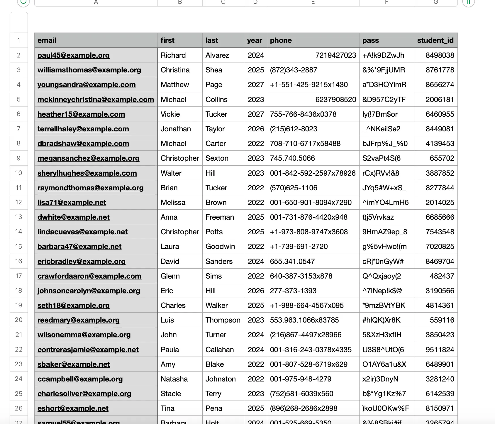 An example CSV file ready for import, with column headers for name, email, and additional registration fields