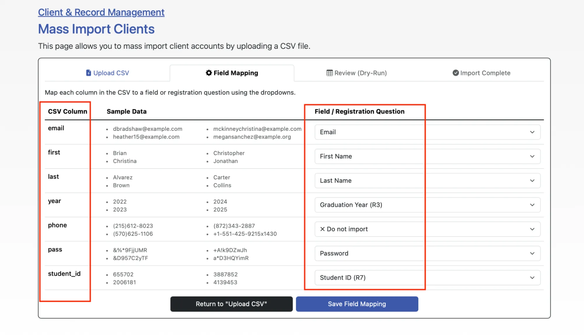 The field mapping step, matching CSV columns to registration form questions