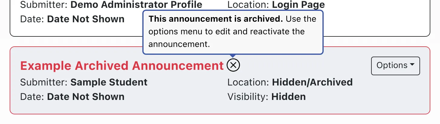 Hidden or Archived Announcement Display