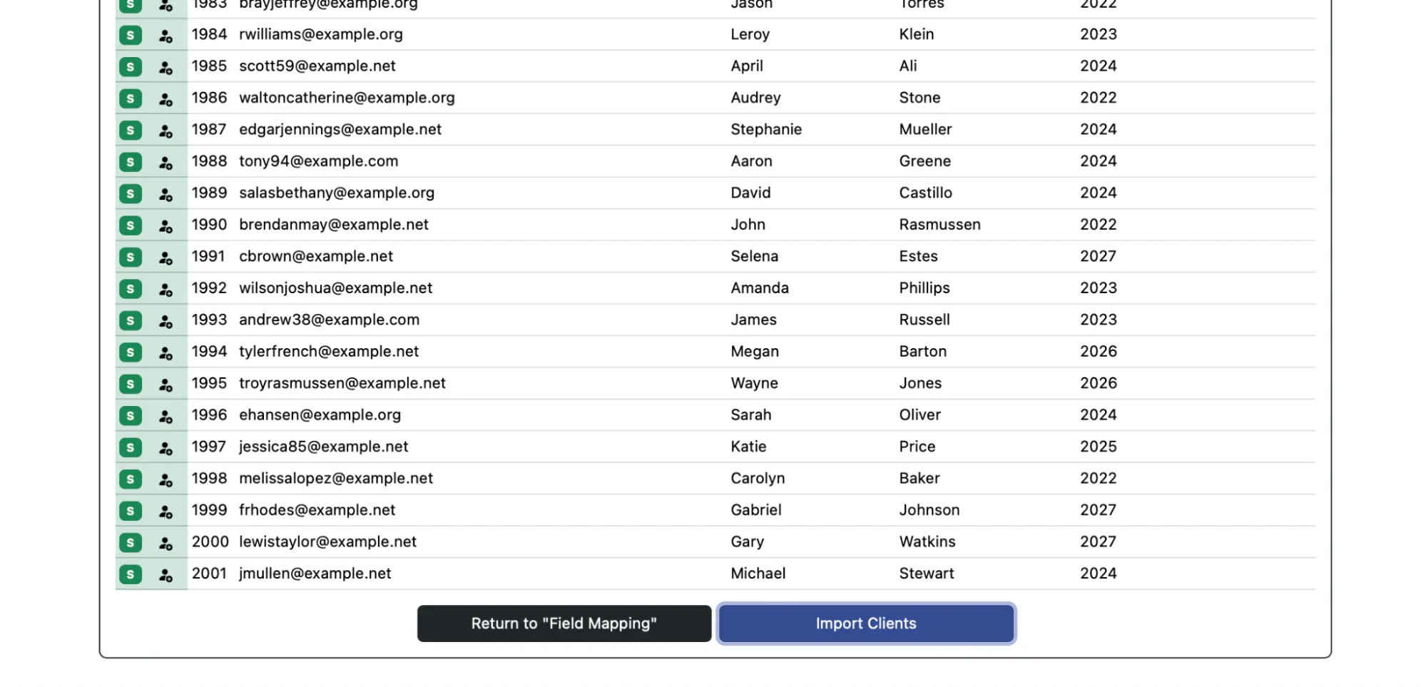 The Import Clients button at the bottom of the dry-run page