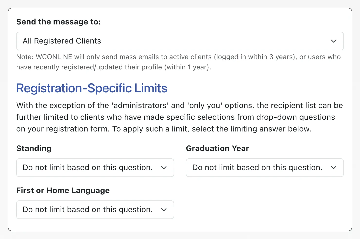 Mass Email Configuration Options