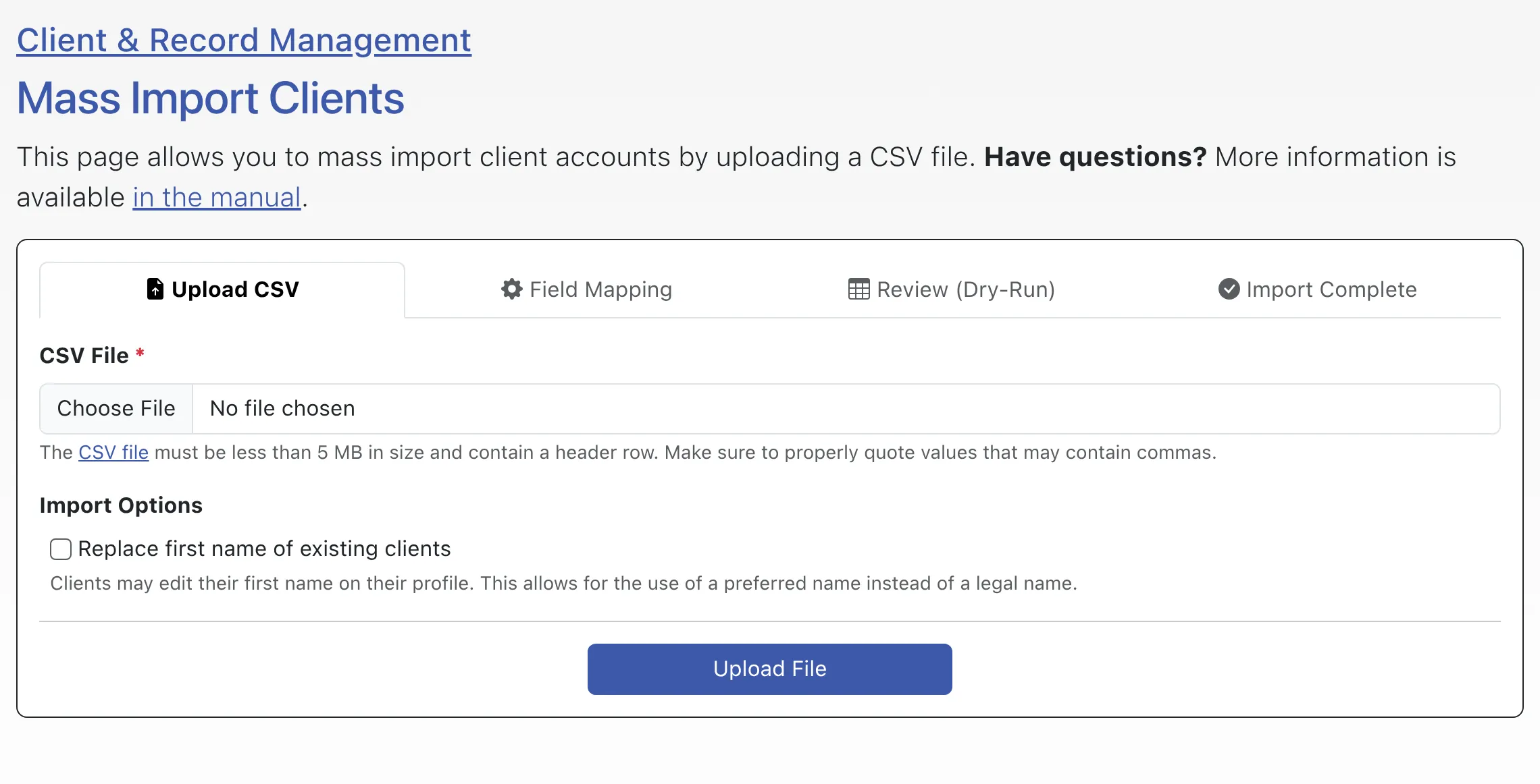 The Mass Import Clients page