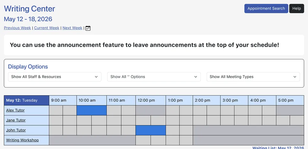 A sample WCONLINE schedule showing staff availability across the week.