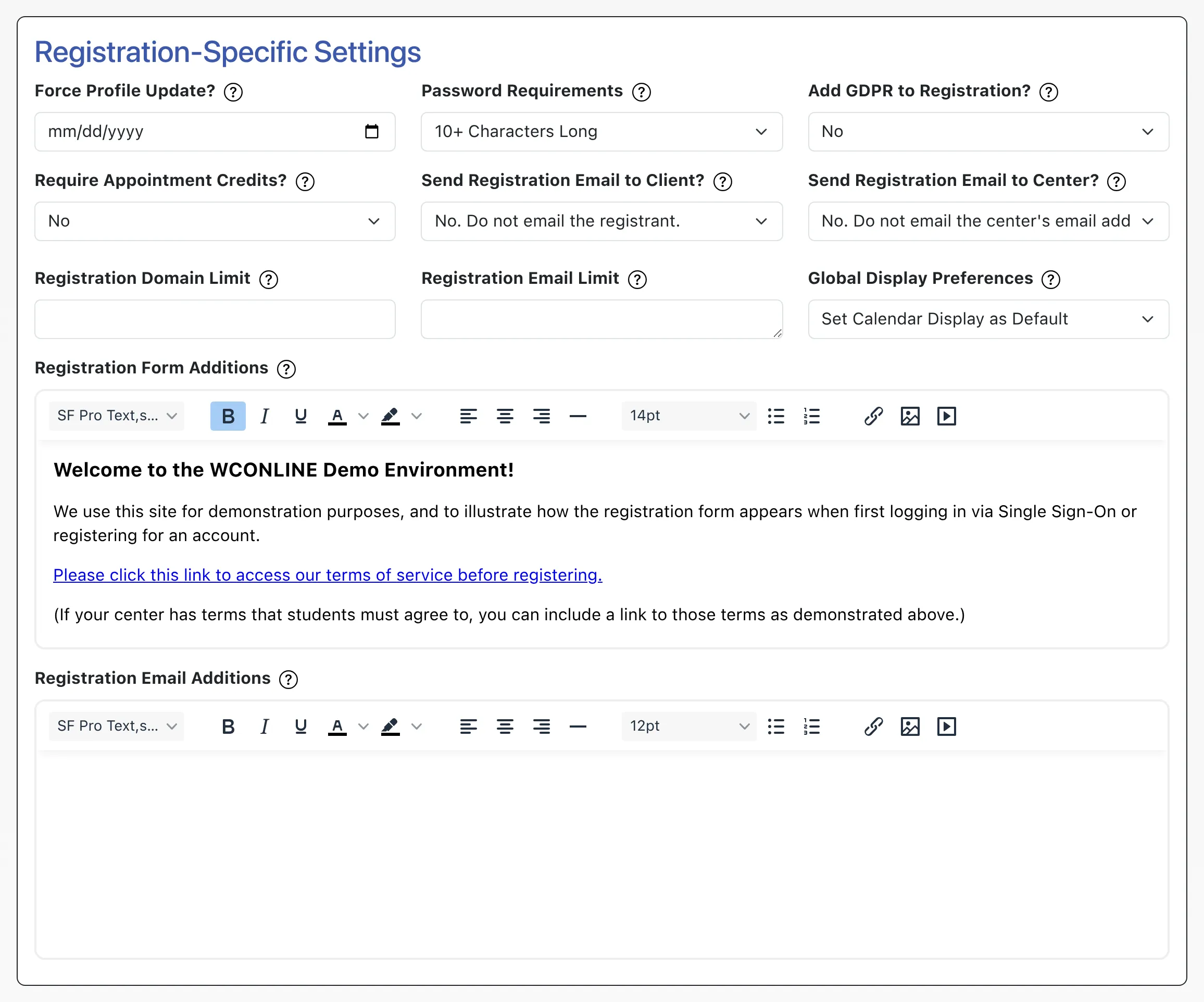 Registration-Specific Settings