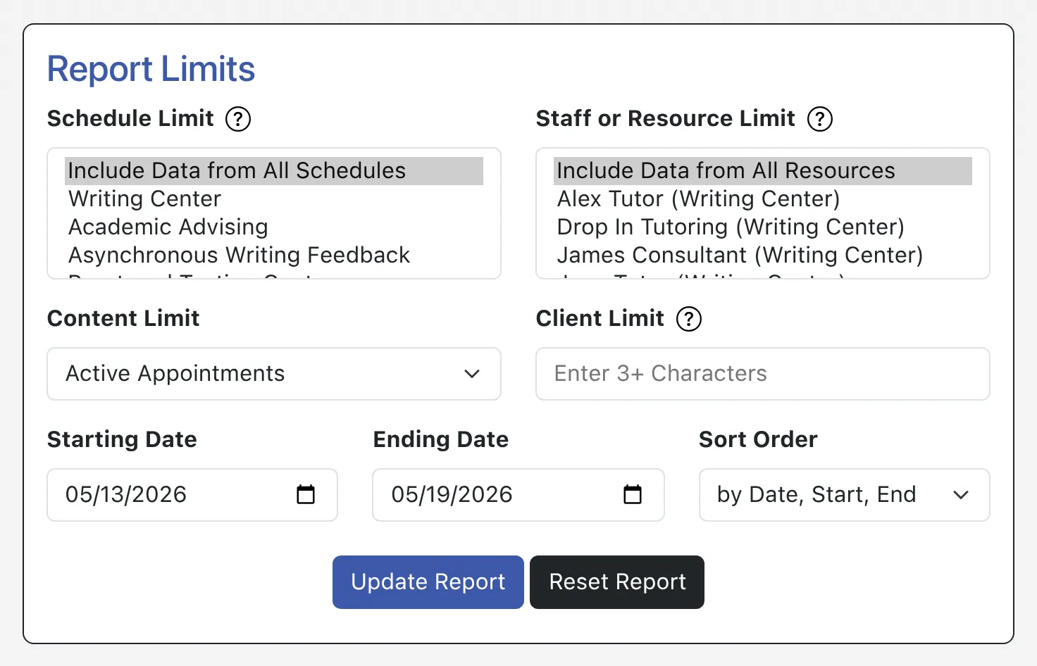 Master Listings Report Configuration Options