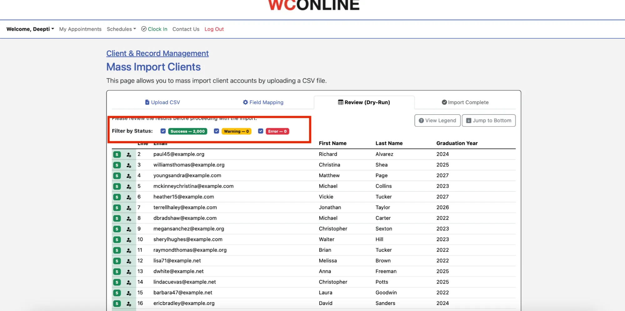 The review dry-run, showing a preview of the import with any warnings or errors