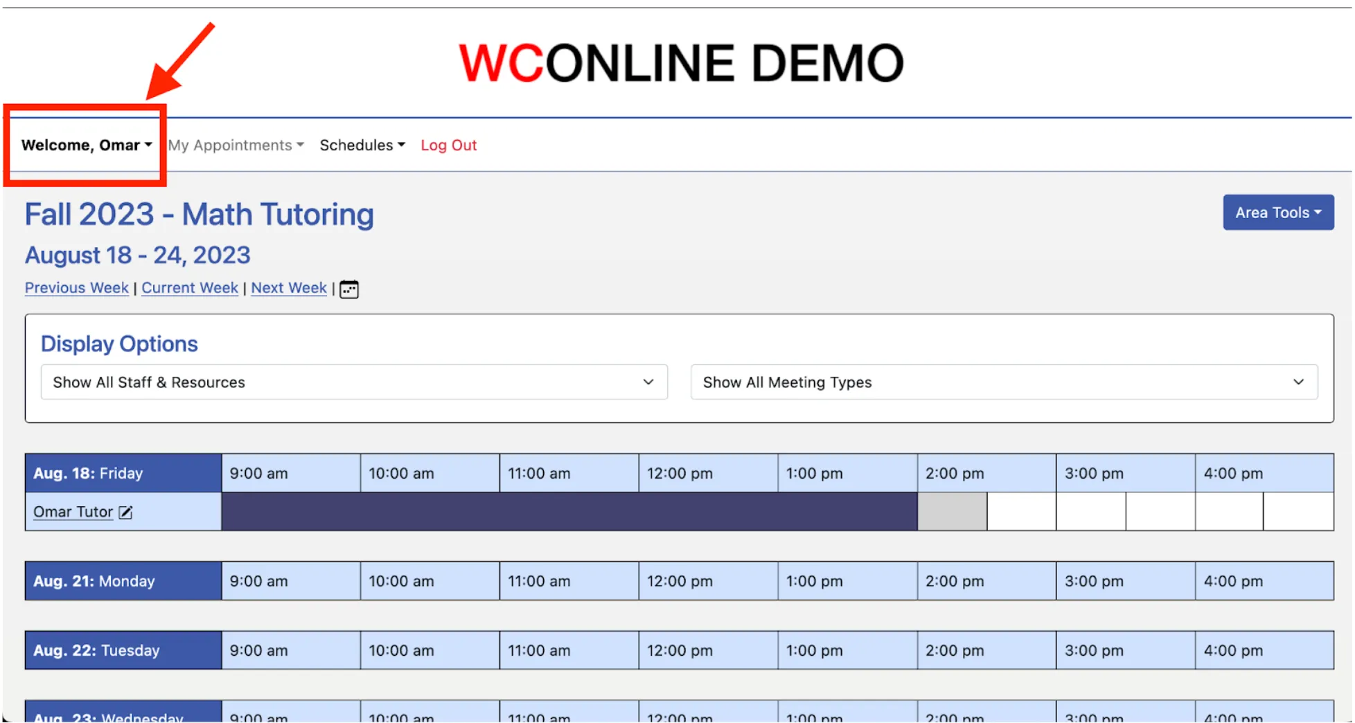 Welcome menu in WCONLINE