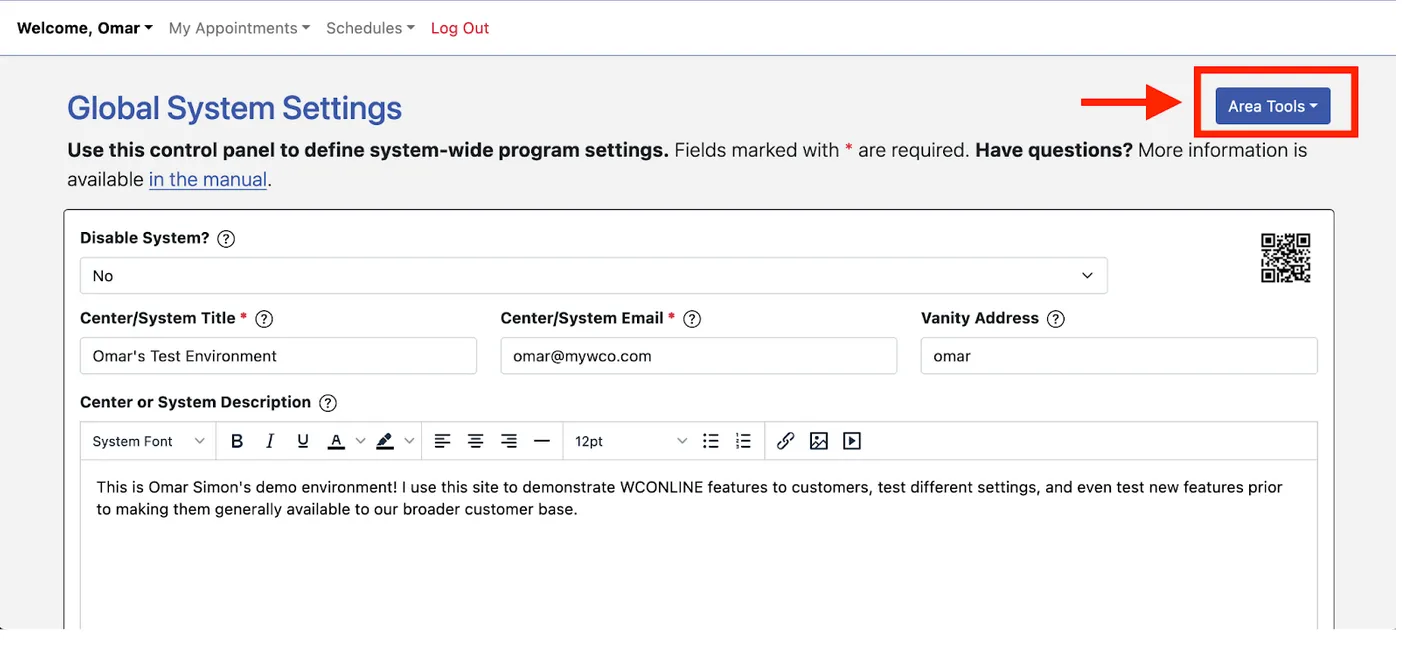 Area Tools menu with Authentication Options