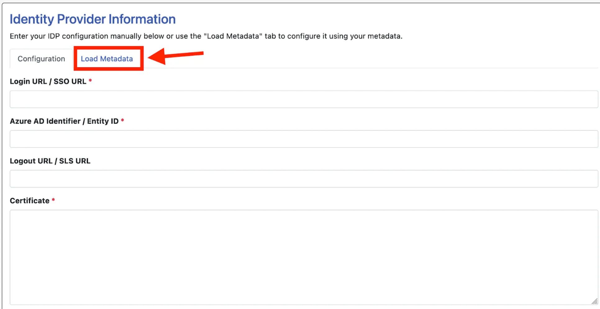 Identity Provider Information with Load Metadata button