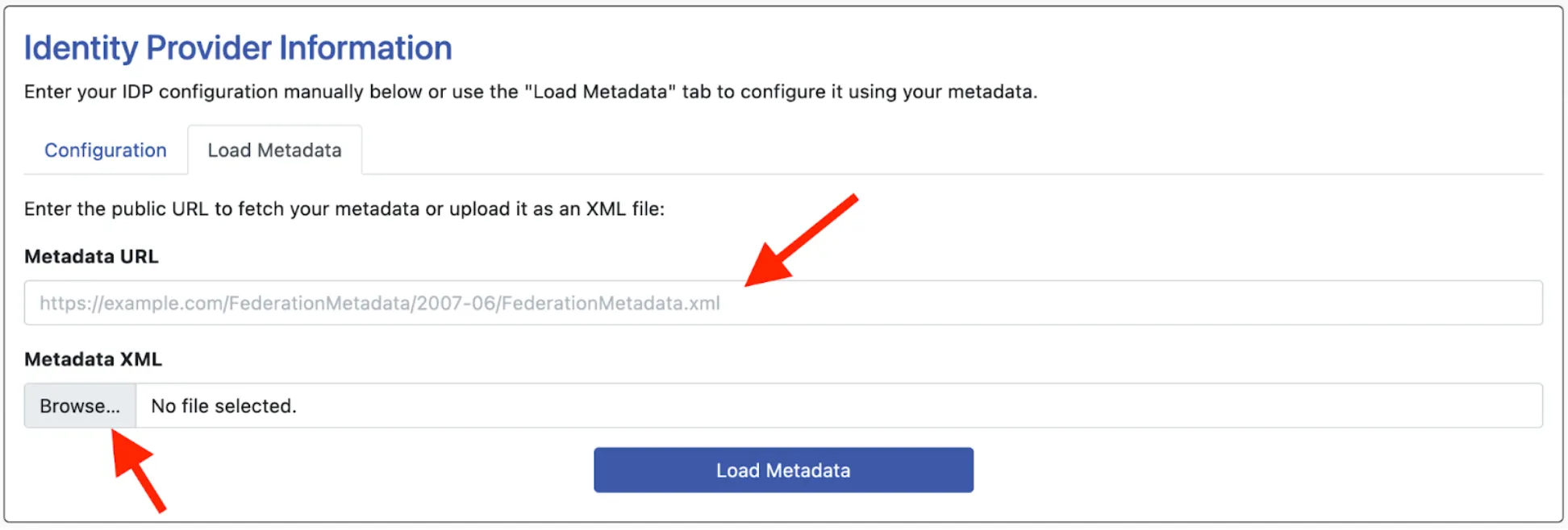Load Metadata URL and XML upload options