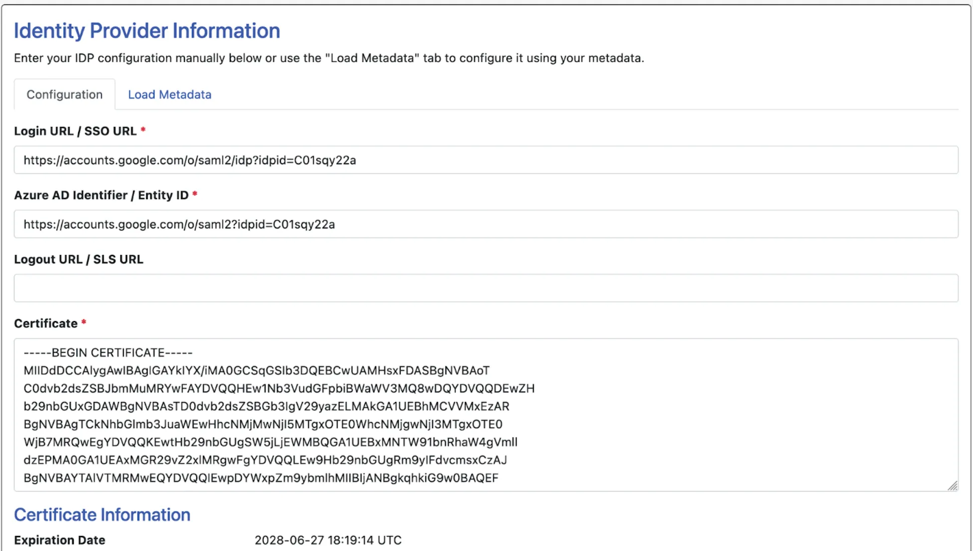 Imported identity provider metadata fields