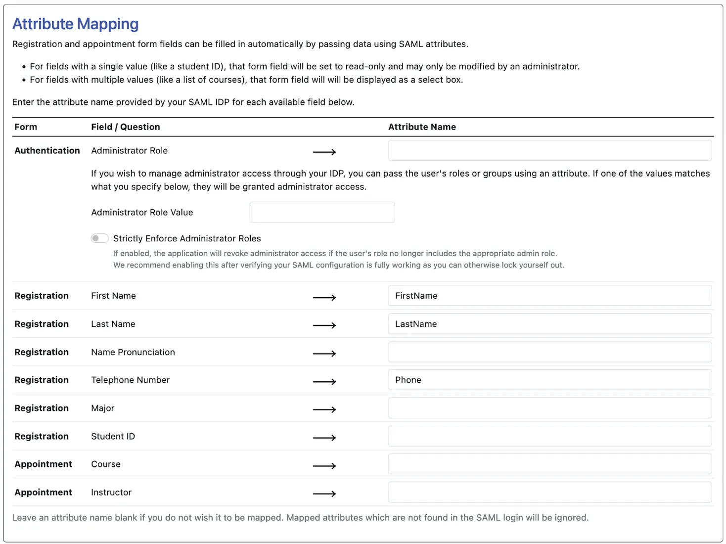 Attribute Mapping section in WCONLINE