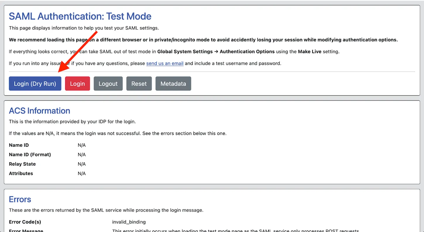 Test URL with Login Dry Run button