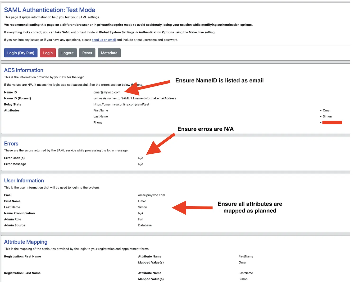 Dry-run authentication results page