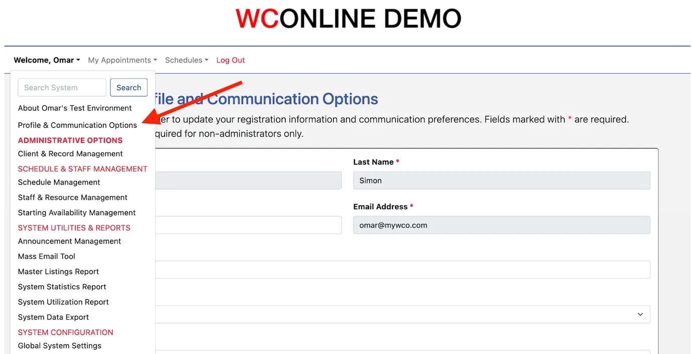 Profile and Communication Options in the Welcome menu