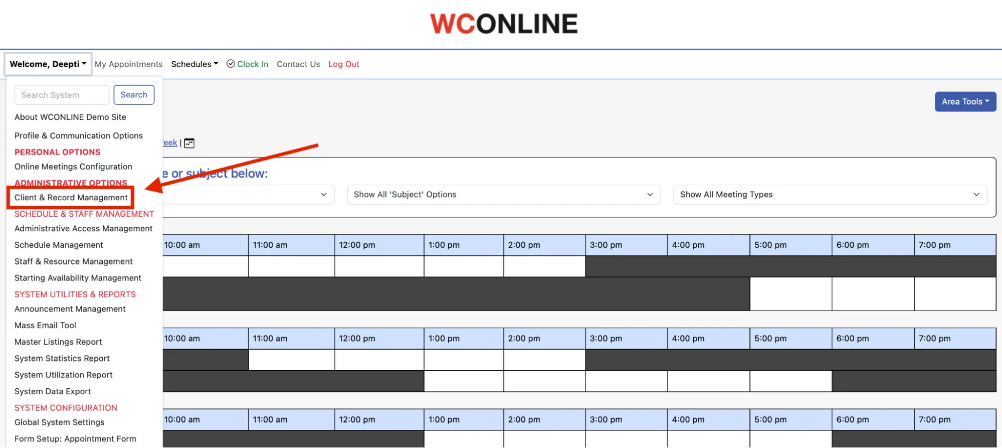 Selecting Client and Record Management from the Welcome menu