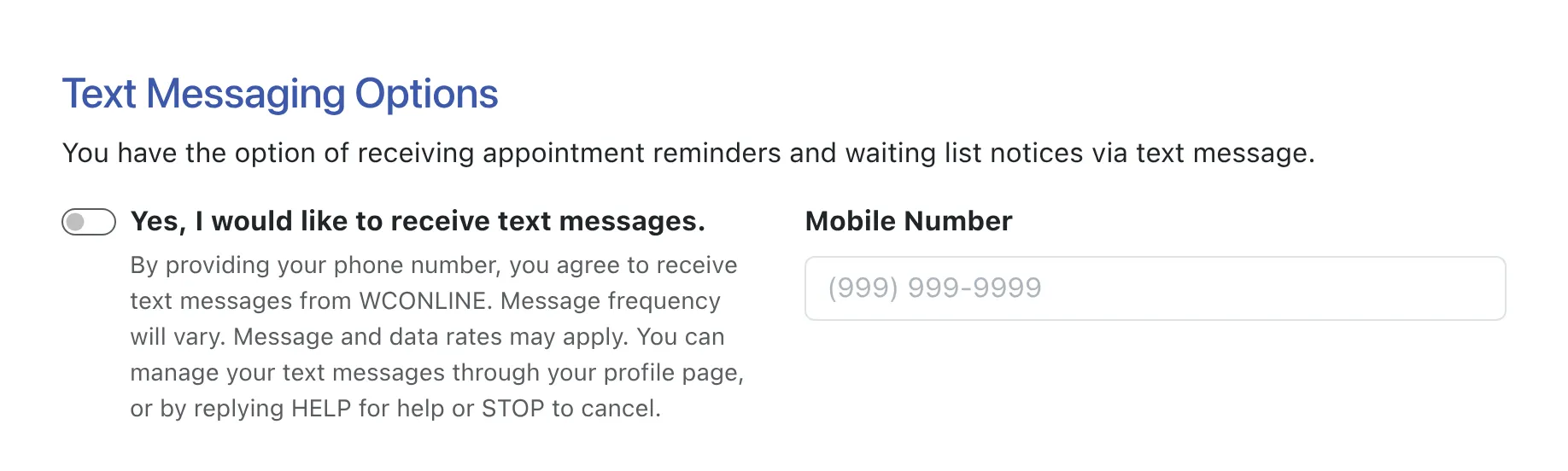 Text Messaging Options on the Registration Page