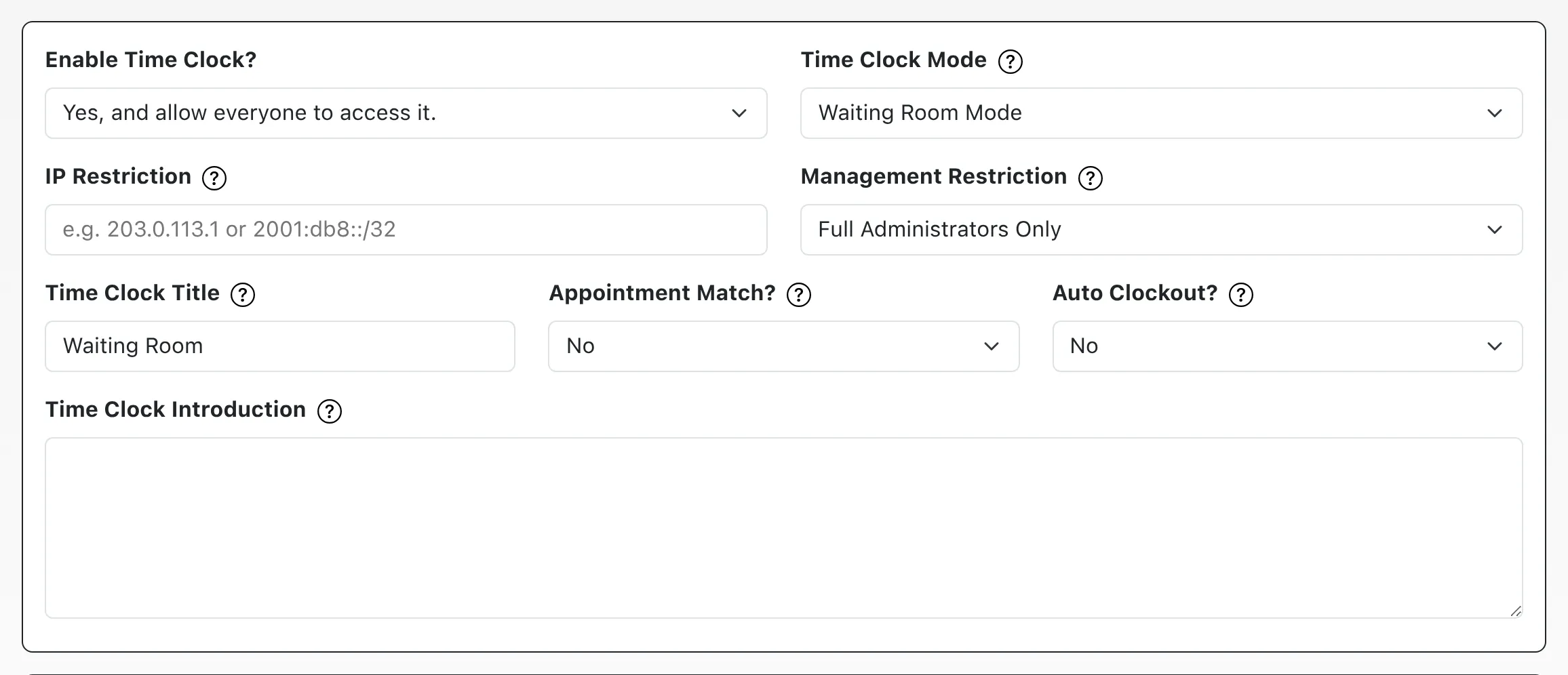 Configuration Options in Module Setup: Time Clock