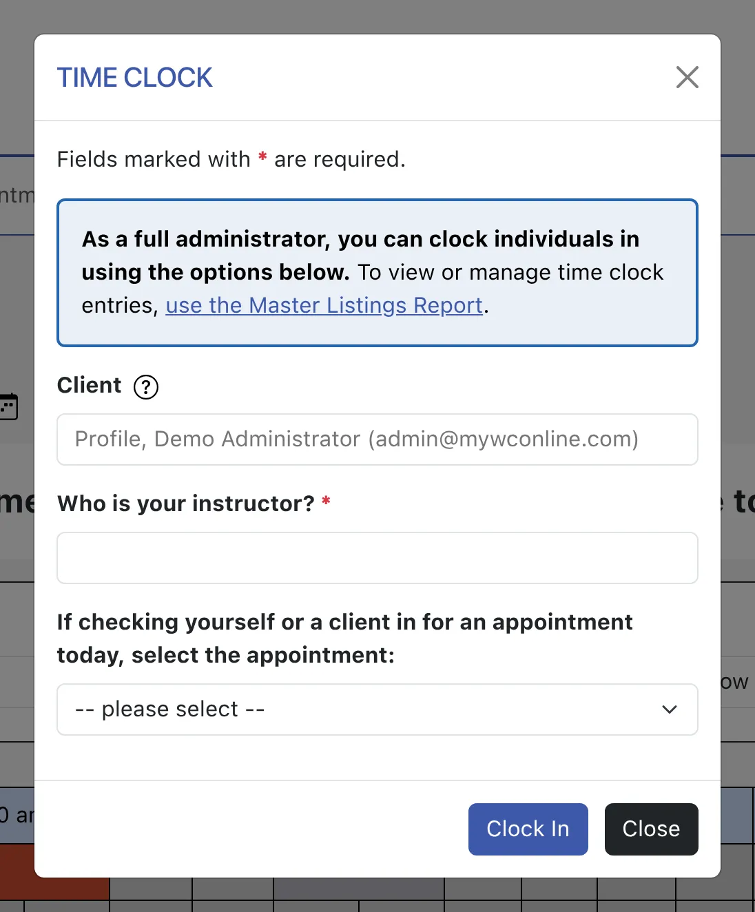 Administrative Time Clock Login