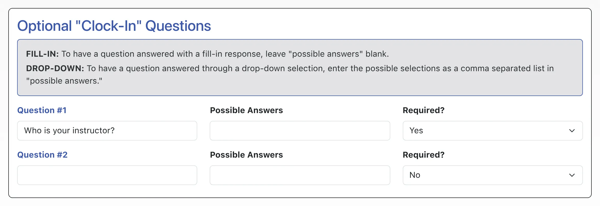 Time Clock Questions Entry