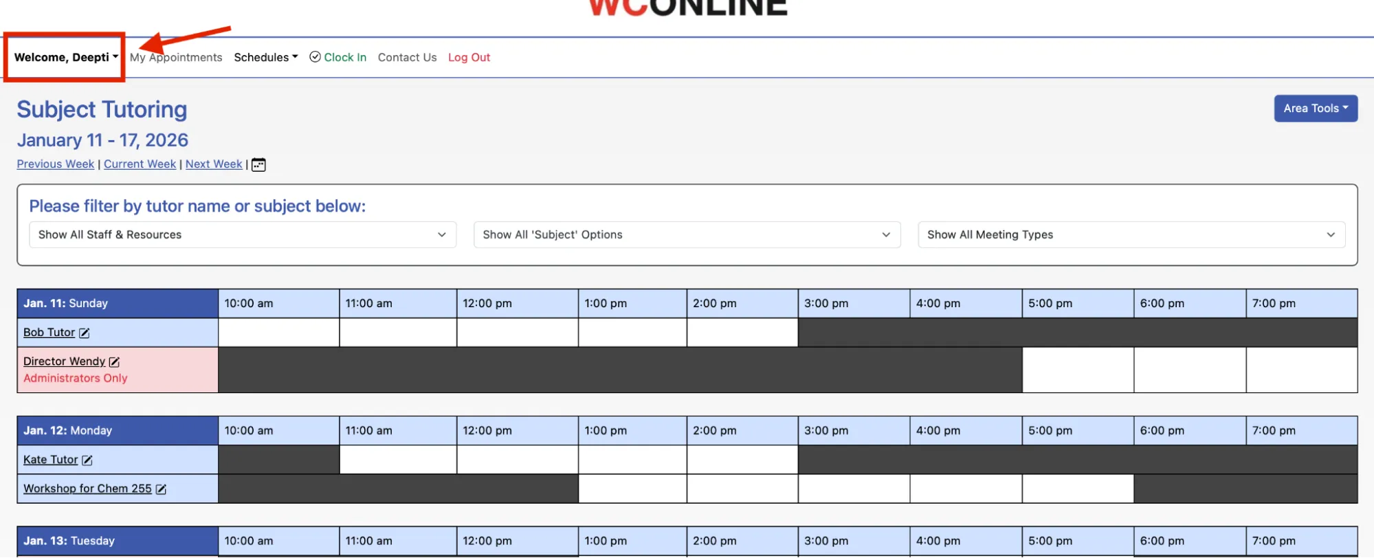 The Welcome menu in WCONLINE